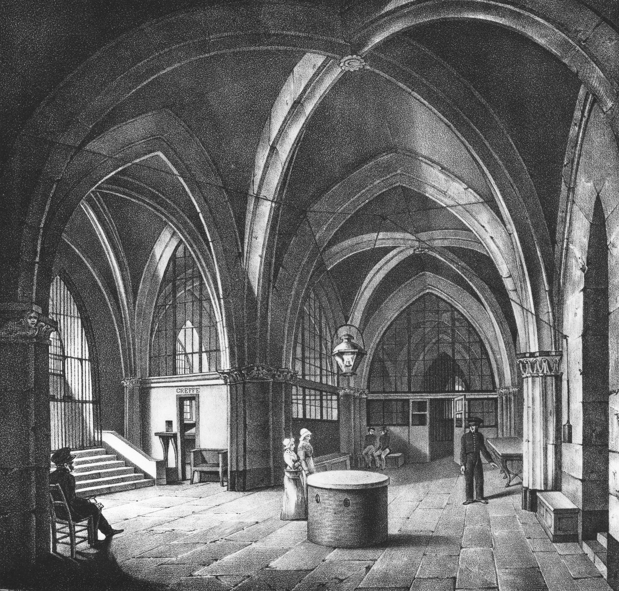 Conciergerie-vankilan sisääntulohuoneen sisäkuva, kaivertaja Alphonse Urruty (1800-70), noin 1831. tekijältä Collard