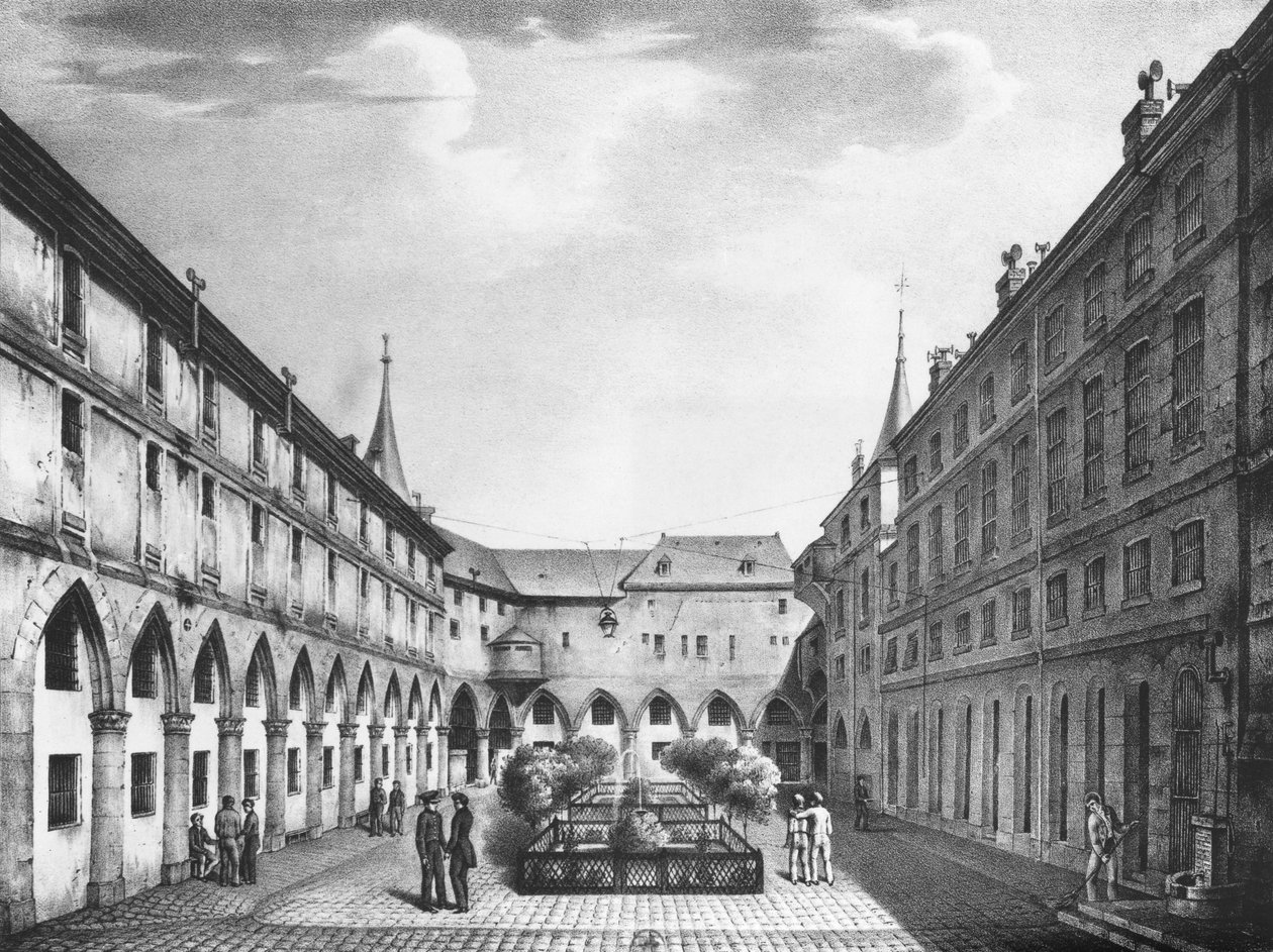 Näkymä Conciergerie-vankilan miesten pihalta, kaivertaja Alphonse Urruty (1800-70), noin 1831. tekijältä Collard