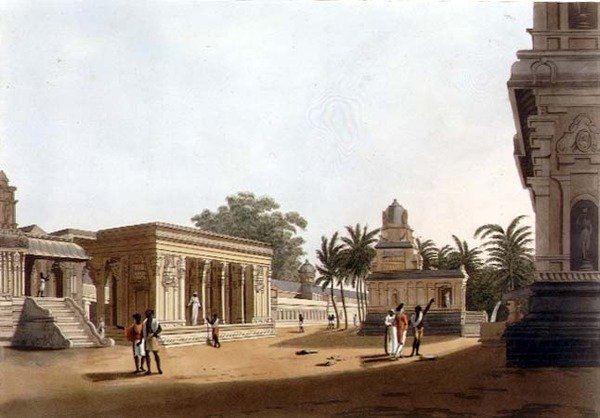 Näkymä pagodin seinien sisällä, Madras, levy 10 teoksesta "Twenty Four Views in Hindostan", kaivertanut H. Merke (fl.1800-20) pub. kirjoittanut Edward Orme (1774-n. 1820) 1804 (akvatinta) tekijältä Colonel Francis Swain (after) Ward