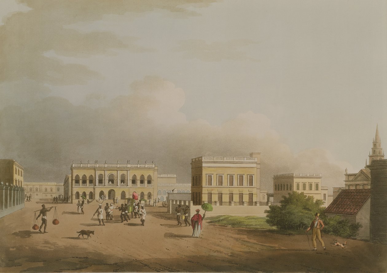 Vanha oikeustalo, Kalkutta, levy 17 Twenty Four Viewsista Hindostanissa, kaiverrus Harradon, pubi. kirjoittanut Edward Orme (1774-n. 1820) 1805 (akvatinta) tekijältä Colonel Francis Swain Ward
