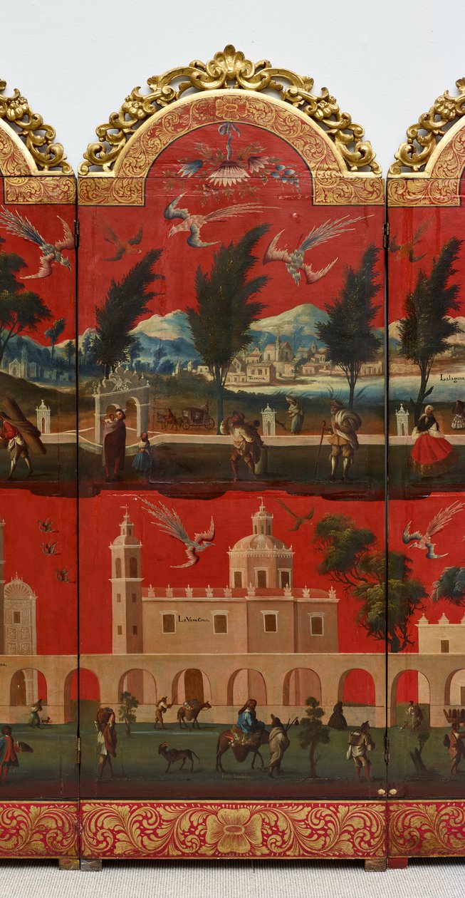 Biombo with Views of Mexico City (öljy punaisella maki-e-lakalla paneelille, kullattu puinen kiinnitys ja pellavainen tausta). tekijältä Colonial Spanish
