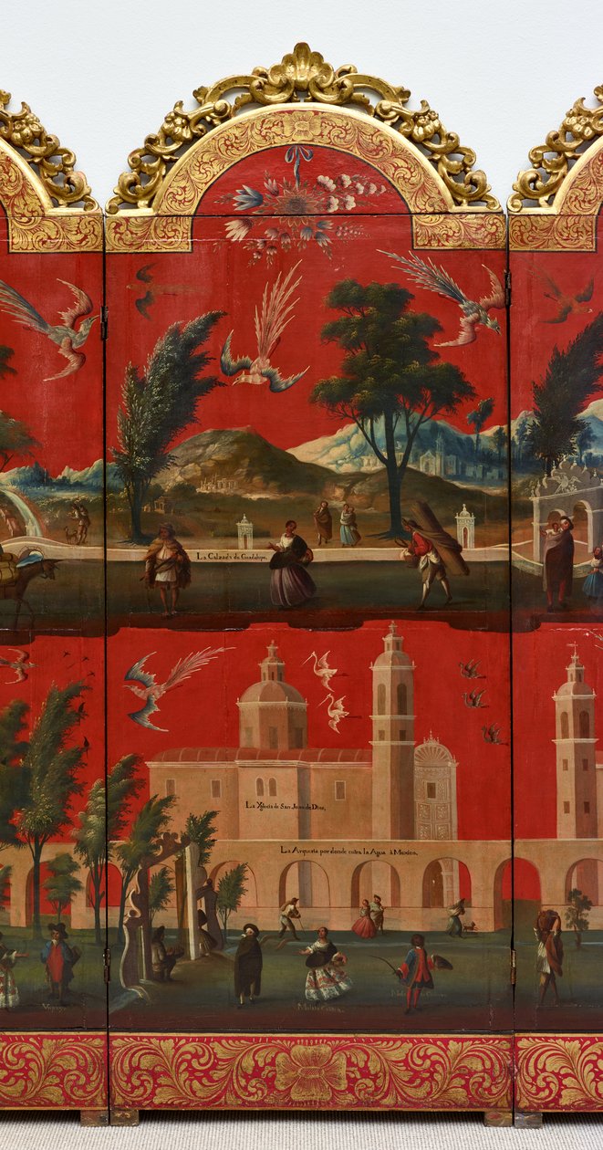 Biombo with Views of Mexico City (öljy punaisella maki-e-lakalla paneelille, kullattu puinen kiinnitys ja pellavainen tausta). tekijältä Colonial Spanish