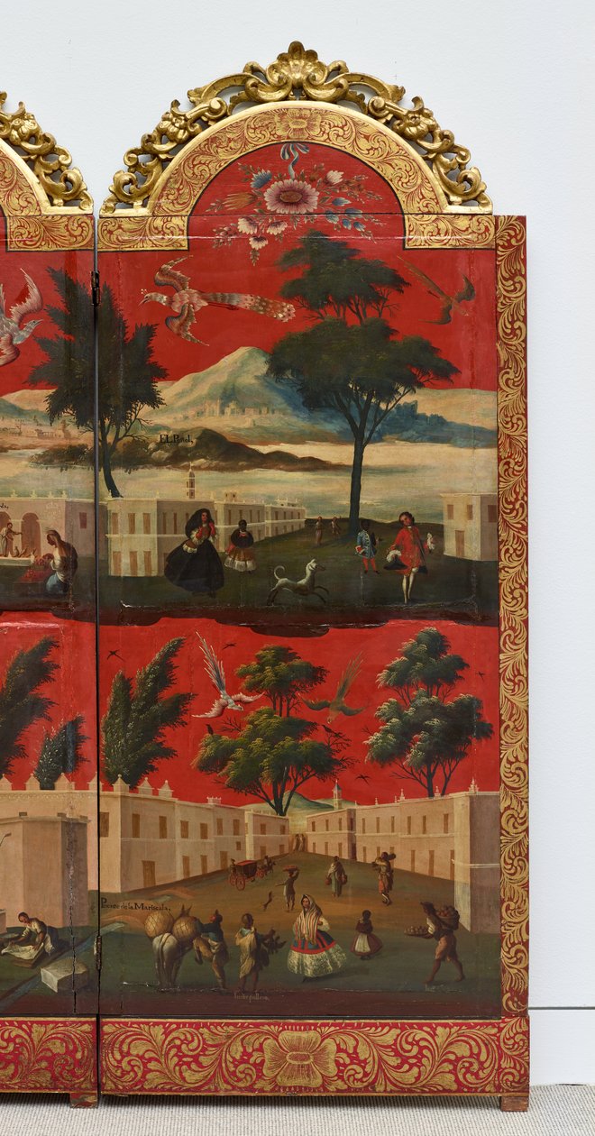 Biombo with Views of Mexico City (öljy punaisella maki-e-lakalla paneelille, kullattu puinen kiinnitys ja pellavainen tausta). tekijältä Colonial Spanish