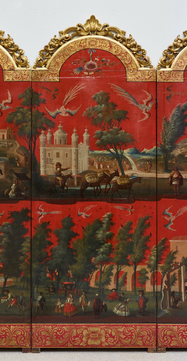 Biombo with Views of Mexico City (öljy punaisella maki-e-lakalla paneelille, kullattu puinen kiinnitys ja pellavainen tausta). tekijältä Colonial Spanish