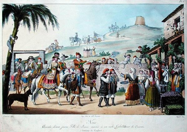 Hääkulkue Cagliarin alueella Italiassa, kaiverrettu Bezard 1825 (värillinen litho) tekijältä Cominotti Cominotti