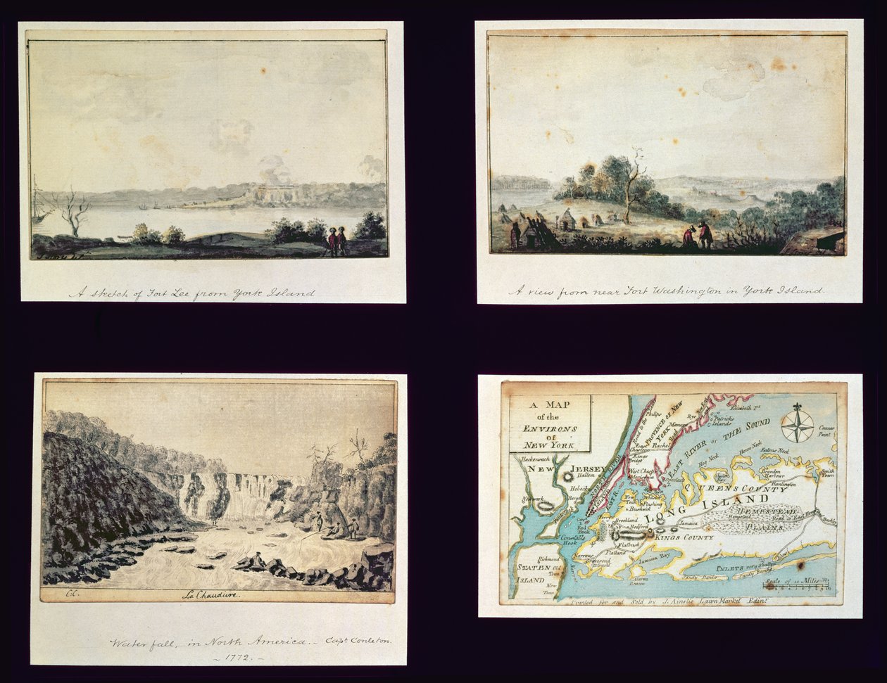 Pohjois-Amerikan kohtauksia ja New Yorkin kartta, n. 1772 tekijältä Conleton