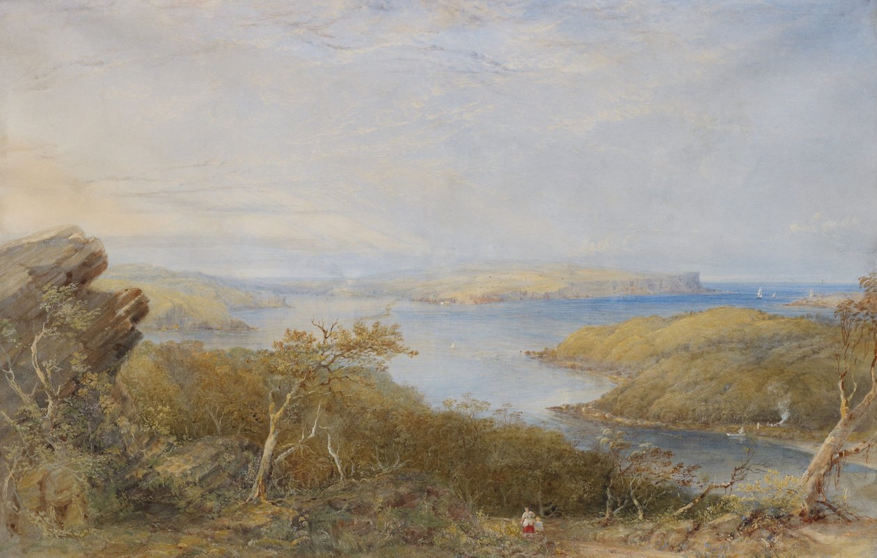 North Head Balmoralin yläpuolelta, Sydneyn satamasta tekijältä Conrad Martens