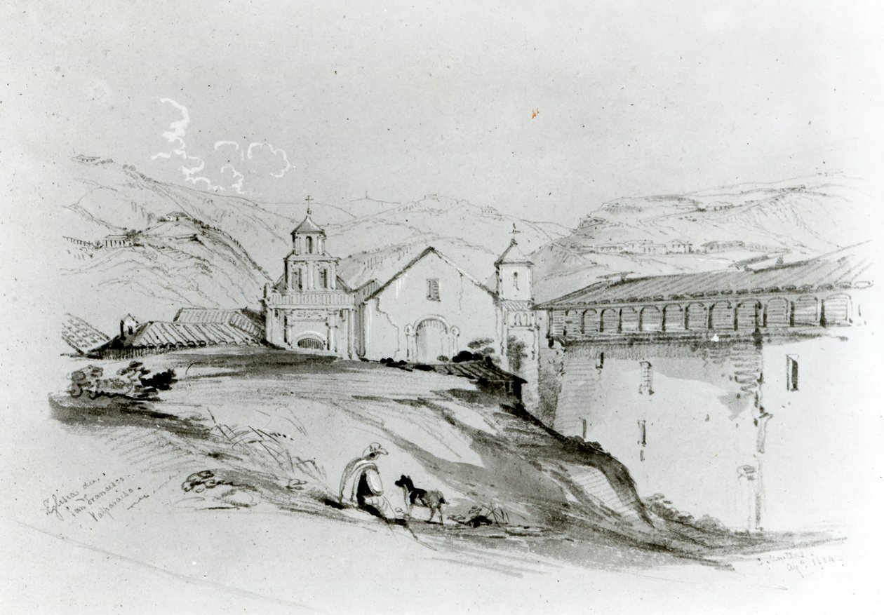 San Franciscon kirkko, Valparaiso, 1834 (kynä ja wc paperilla) tekijältä Conrad Martens