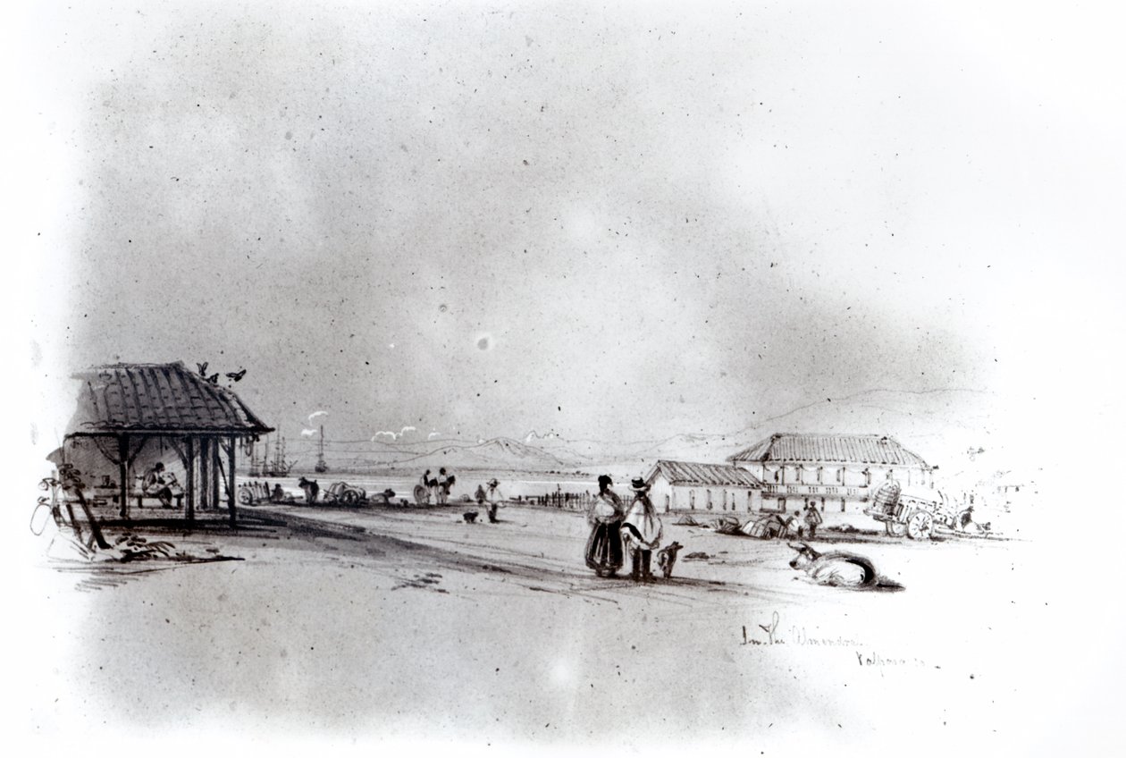 Näkymä Valparaisoon, 1834 (kynä ja wc paperilla) tekijältä Conrad Martens