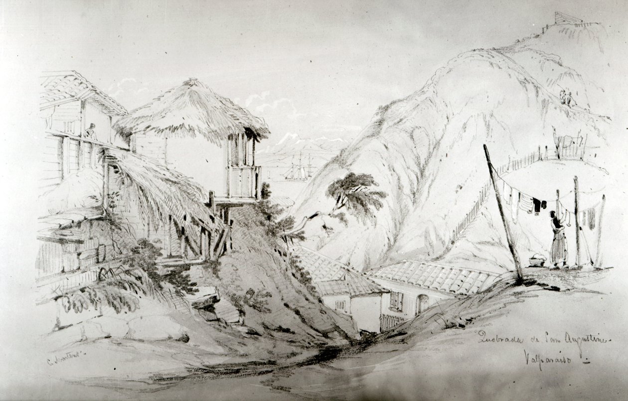 Näkymä Valparaisoon, 1834 (kynä ja wc paperilla) tekijältä Conrad Martens