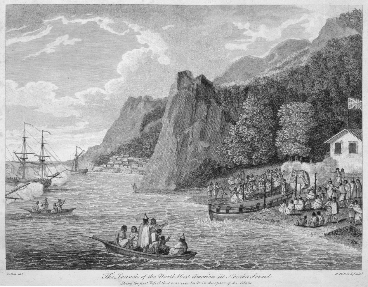 Luoteis-Amerikan laukaisu Nootka Soundilla kappaleesta "Voyages Made in the Year 1788 ja 1789, from China to the North West Coast of America", kapteeni John Meares (1756-1809) kaiverrettu Robe tekijältä Conrad Martin Metz