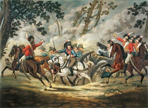 Englantilainen kevythevonen hyökkäävä ranskalainen tykistö, Military Evolutionsista, kaivertanut Merke, julkaistu 1800 (käsinvärinen akvatinta) tekijältä Conrad (after) Gessner