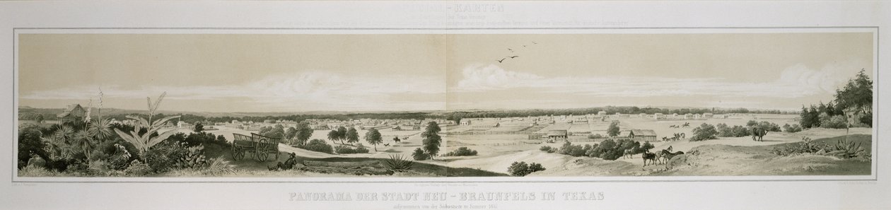 Panoraama New Braunfelsin kaupungista Teksasissa otettu lounaispuolelta kesällä 1847 tekijältä Conrad Caspar (after) Rordorf