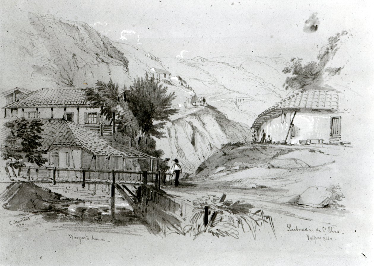 Bergerin talo, Valparaiso, 1834 (kynä ja wc paperilla) (bw kuva) tekijältä Conrad Martens