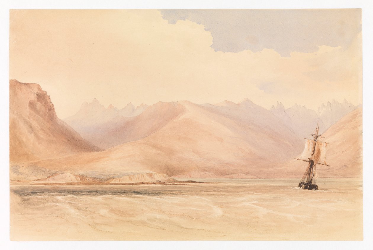 Tutkimusalus HMS Beagle Beagle-kanavassa, Etelä-Amerikassa. tekijältä Conrad Martens