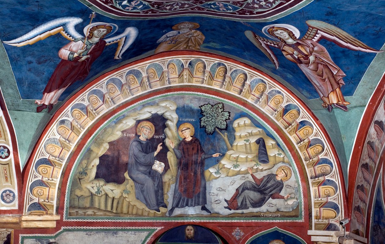 Pyhän Placiden ihme Saint Benedict of Nursie pelastaa nuoren Placiden, joka on jäänyt järven puroon, kiitos hänen ensimmäisen opetuslapsensa Saint Maurin väliintulon. Master Consolon fresko (1200-luku) Alakirkko. Pyhän Benedetton luostari ( tekijältä Consolo 