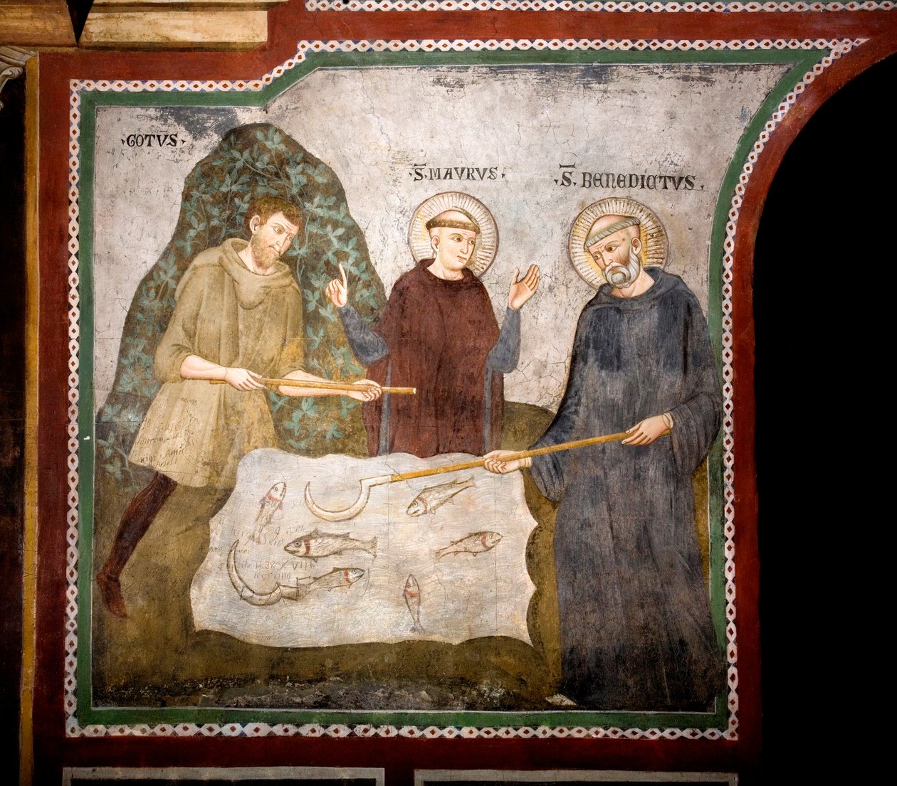 Goottien ihme Pyhä Benedictus Nursielainen, ensimmäisen opetuslapsensa pyhä Maurin seurassa, tapasi talonpoikagootin ja korjasi ihmeen avulla hänen serpensa. Master Consolon fresko (1200-luku) Alakirkko. Pyhän Benedetton luostari (Sacro Speco), Subiaco tekijältä Consolo 