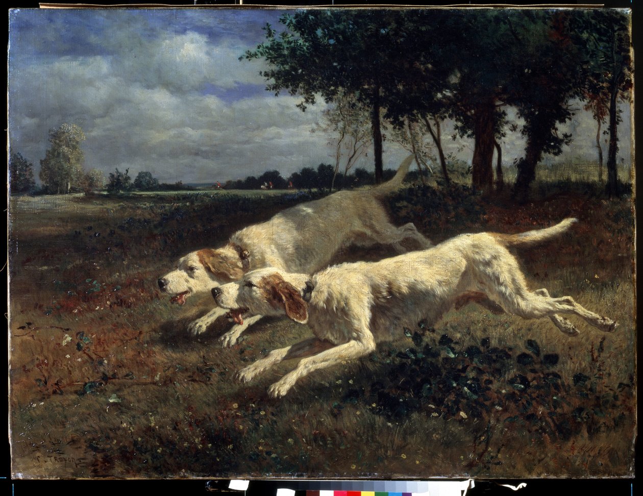 Juoksevat koirat. Constant Troyonin (1810-1865) maalaus. Öljy kankaalle, 75 x 11 cm tekijältä Constant Emile Troyon