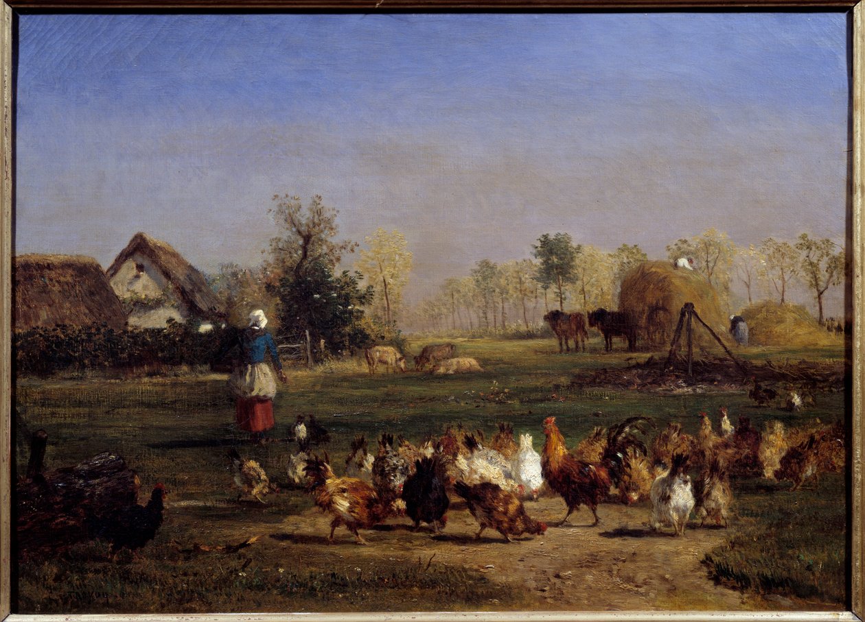 La provende des hens La basse cour (Basse-cour). Constant Troyonin (1810-1865) maalaus 1800-luvun aurinko. 0,51x0,7 m - Kanojen syntyperä. Maatilapiha. Constant Troyonin maalaus (1810-1865) tekijältä Constant Emile Troyon
