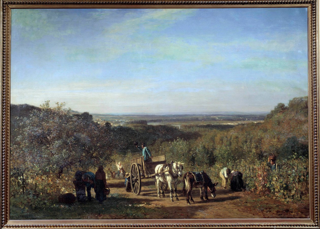 Sadonkorjuu Seinen rannoilla Constant Troyonin (1810-1865) Suresnesin maalaus 1800-luvun su. 0,97x1,39 m Pariisi, musee d