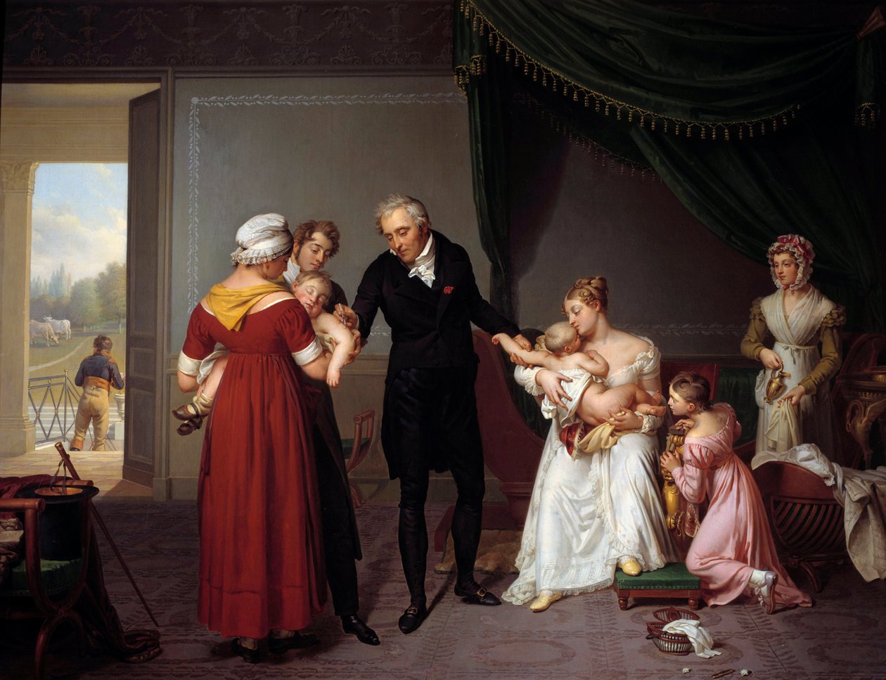 Alibert rokottaa lasta Liancourtin linnassa. Tämä kuva edustaa rokotusta isorokkoa vastaan Edward Jennerin periaatteen mukaisesti. Constant Desbordesin maalaus (1761-1827) tekijältä Constant Joseph Desbordes