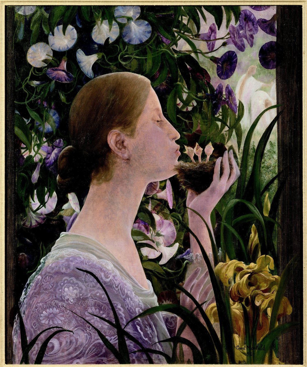 Pesä. Nuori nainen profiilissa, kukkapuutarhassa, pitelee pesää kädessään ja antaa suukon linnunpojille. Constant Montaidin (1862-1944) maalaus öljy kankaalle tekijältä Constant Montald