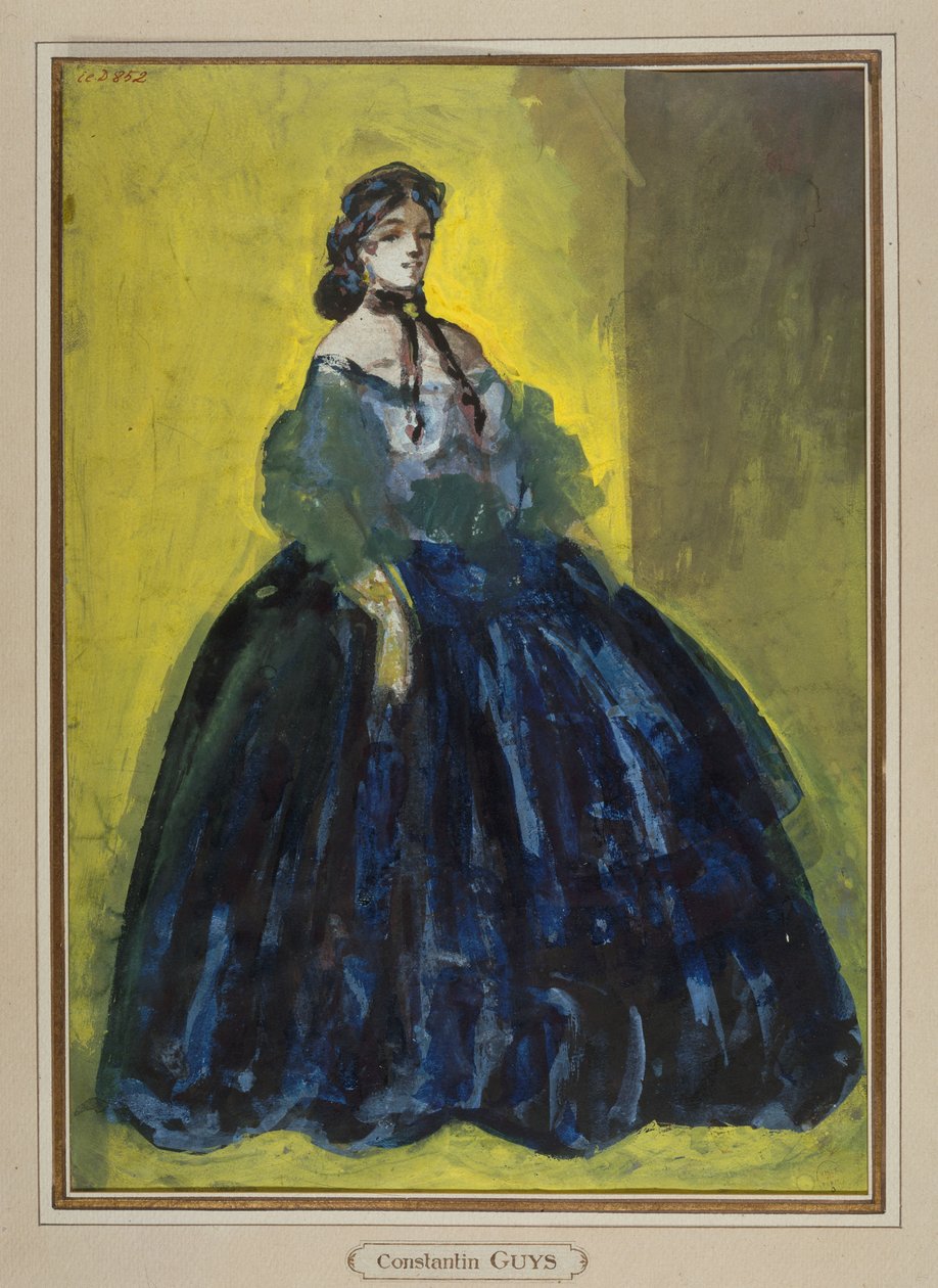 Studie einer Frau im blauen Kleid vor gelbem und grünem Hintergrund, um 1865 tekijältä Constantin Guys
