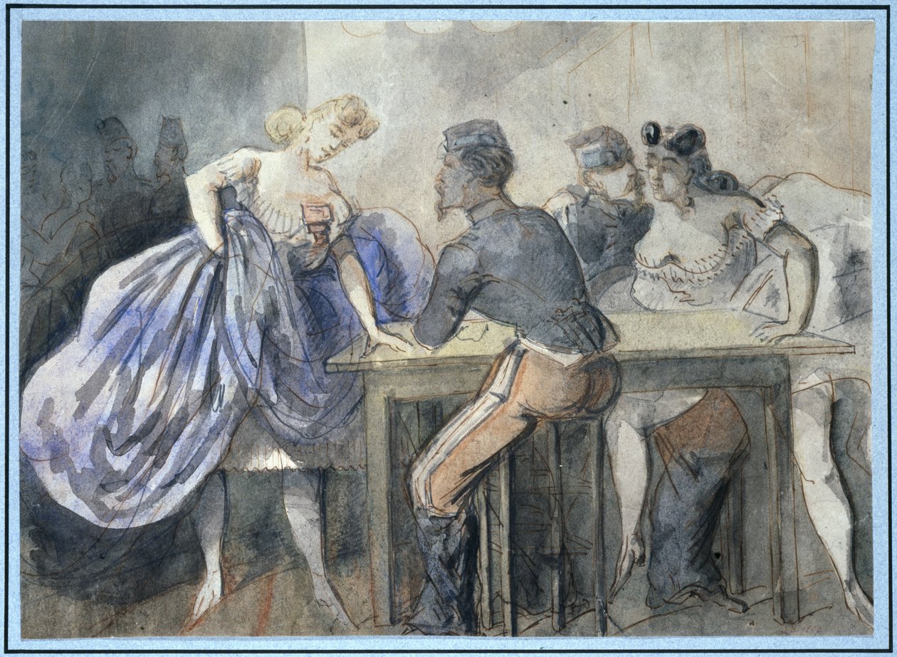 Bordellikohtaus, kaksi naista ja kaksi sotilasta pöydän ympärillä, vasemmalla taustalla muita naisten ja miesten siluetteja. tekijältä Constantin Guys