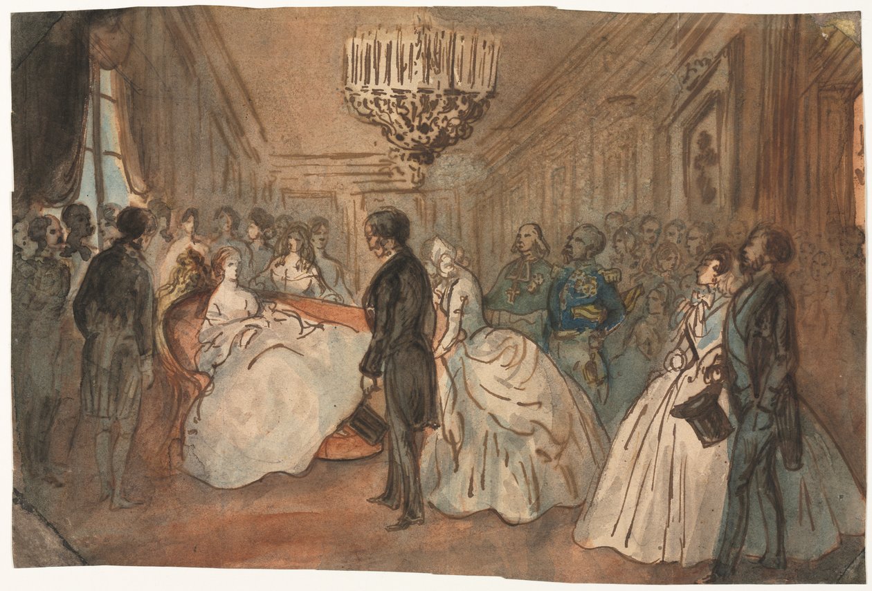 Keisarinna Eugenie vastaanottaa diplomaattijoukon keisarillisen prinssin syntymän jälkeen, 1800-luku. tekijältä Constantin Guys