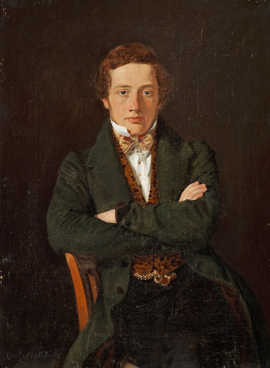 Muotokuva Martin Hammerichista (1811-1881), myöhemmin professori, kolmen neljäsosan pituinen muotokuva, kasvot menosuuntaan tekijältä Constantin Hansen