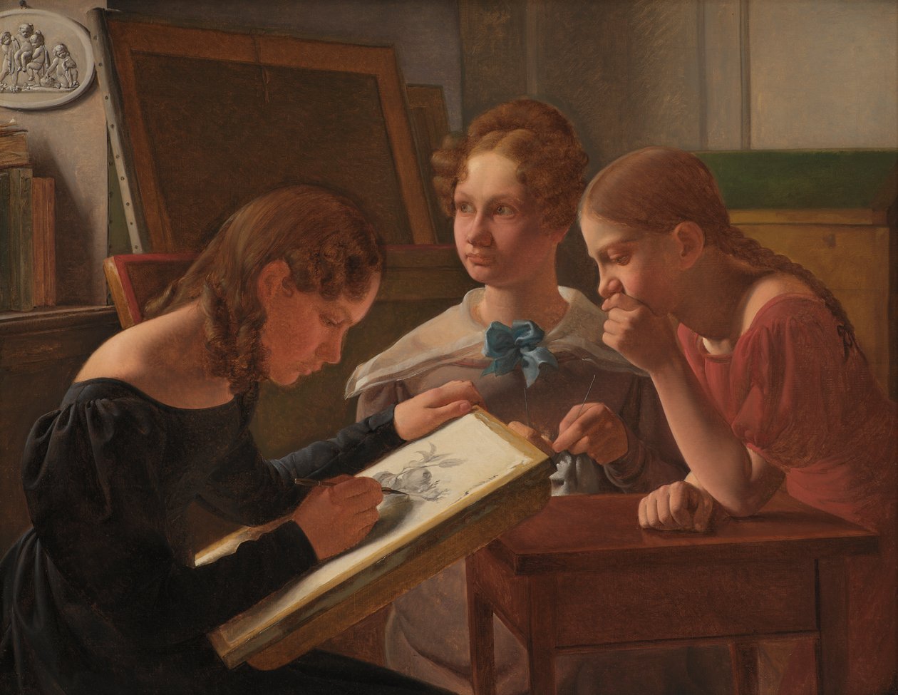 Kolme nuorta tyttöä. Taiteilijasisaret: Alvilde, Ida ja Henriette, 1827 tekijältä Constantin Hansen
