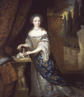 Muotokuva naisesta, jossa on sokkelilla istuva lapikoira, n. 1690 tekijältä Constantin Netscher