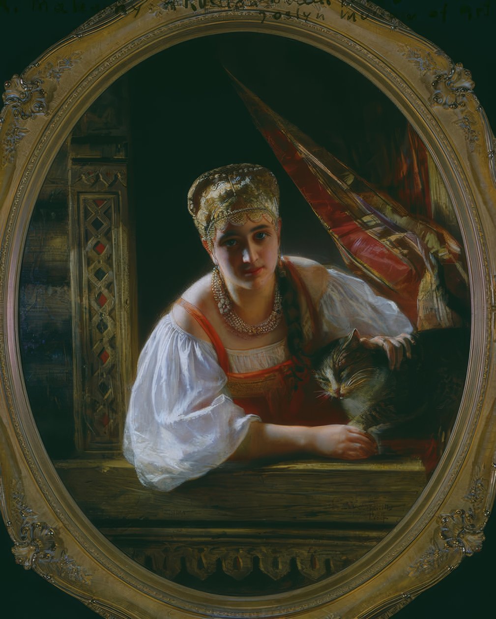 Venäläinen kaunotar kissan kanssa tekijältä Constantine Egorovitch Makovsky