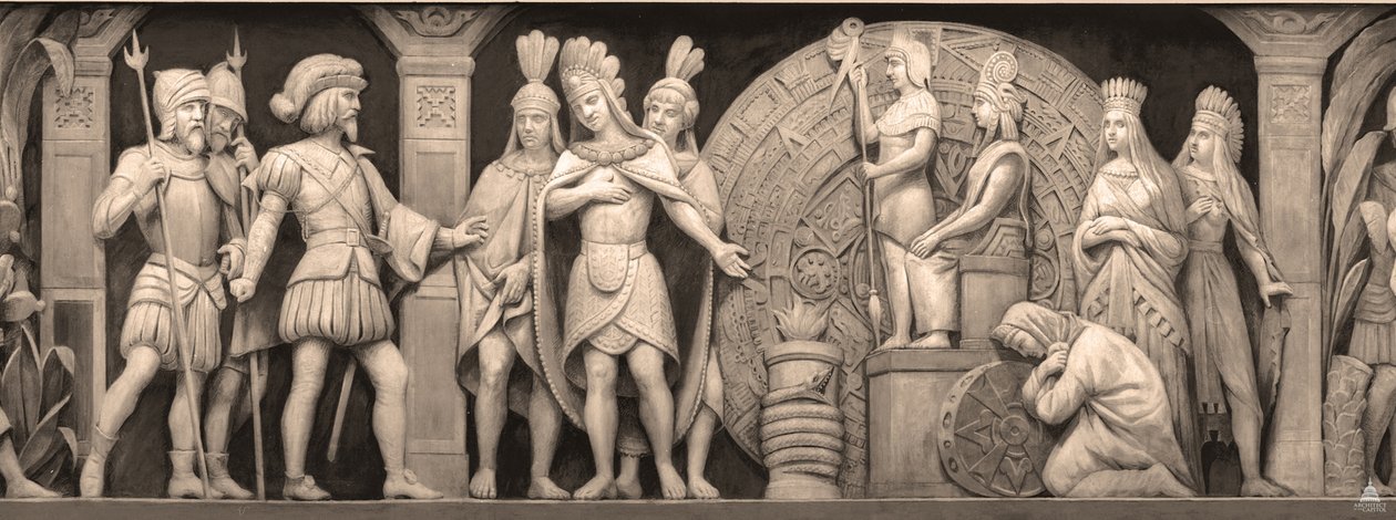 Cortez ja Montezuma Meksikon temppelissä Friisi Rotundassa Yhdysvaltain Capitolissa, 186 tekijältä Constantino Brumidi