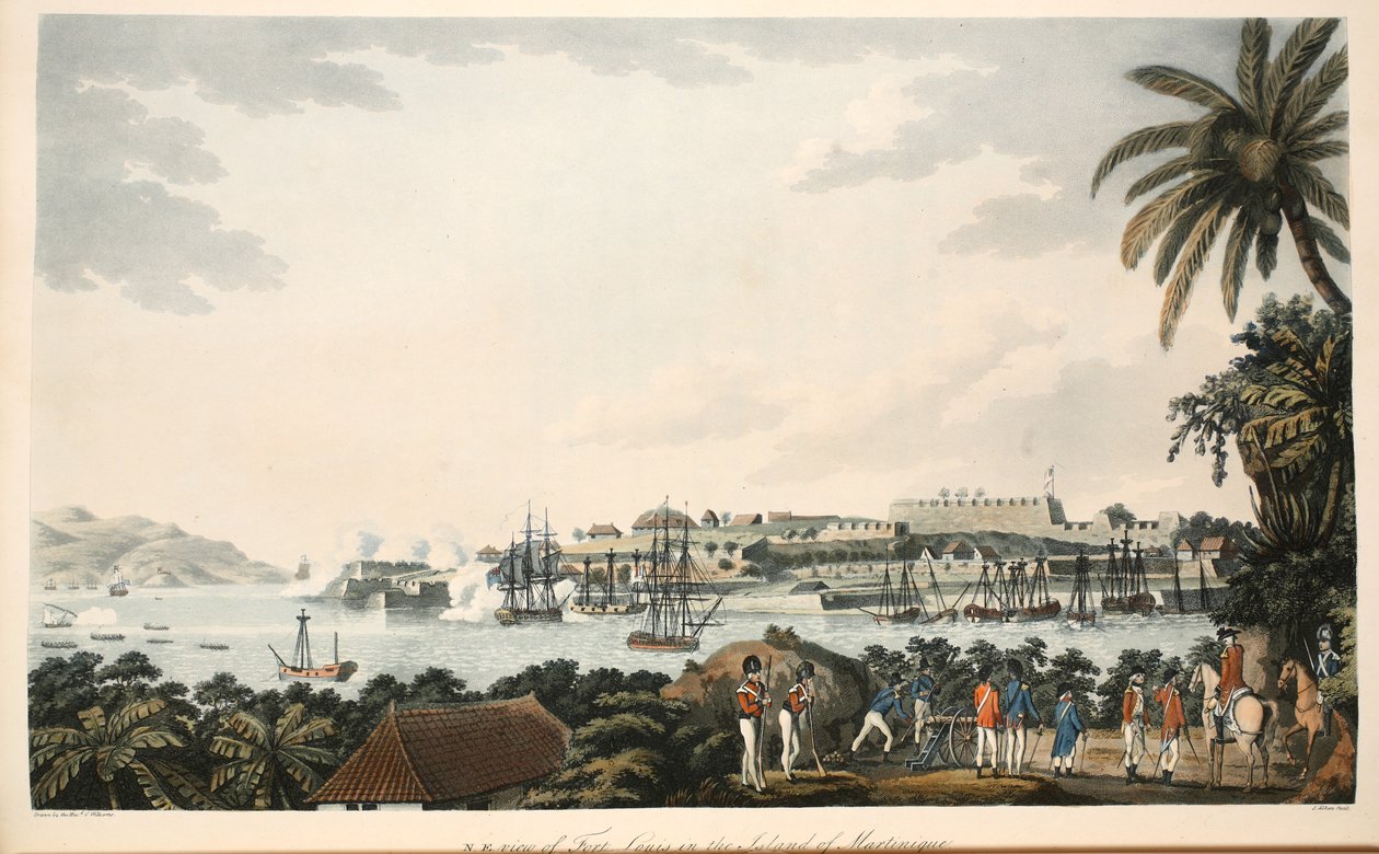 N.E. näkymä Fort Louisista Martiniquen saarella, kuvitus pastori Cooper Williamsin julkaisusta "An Account of the Campaign in the West Indies", S. Allenin litografia, pub. Lontoo 1796 tekijältä Cooper Willyams