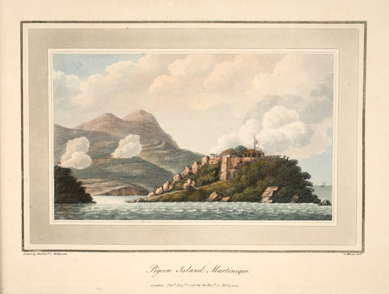 Pigeon Island, Martinique, kuvitus pastori Cooper Williamsin teoksesta "An Account of the Campaign in the West Indies", S. Allenin litografia, pub. Lontoo 1796 tekijältä Cooper Willyams