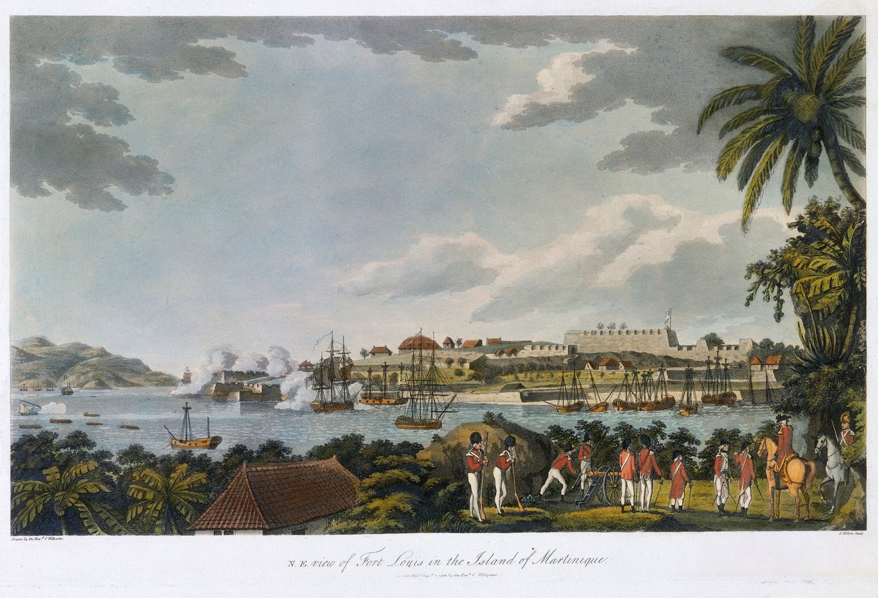 Koillisnäkymä Fort Louisista (Fort Saint Louis), Martinique, 5. helmikuuta - 22. maaliskuuta. tekijältä Cooper (after) Willyams