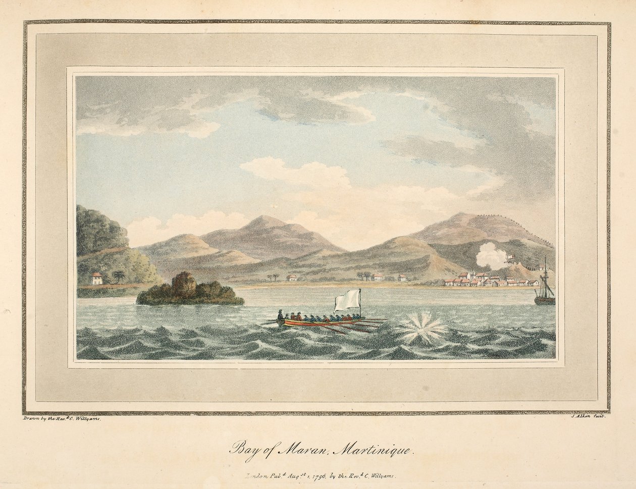 Bay of Maran, Martinique, kuvitus pastori Cooper Willyamsin kirjasta "Kertomus Länsi-Intian kampanjasta", litografia S. Alken, pub. Lontoo 1796 tekijältä Cooper Willyams