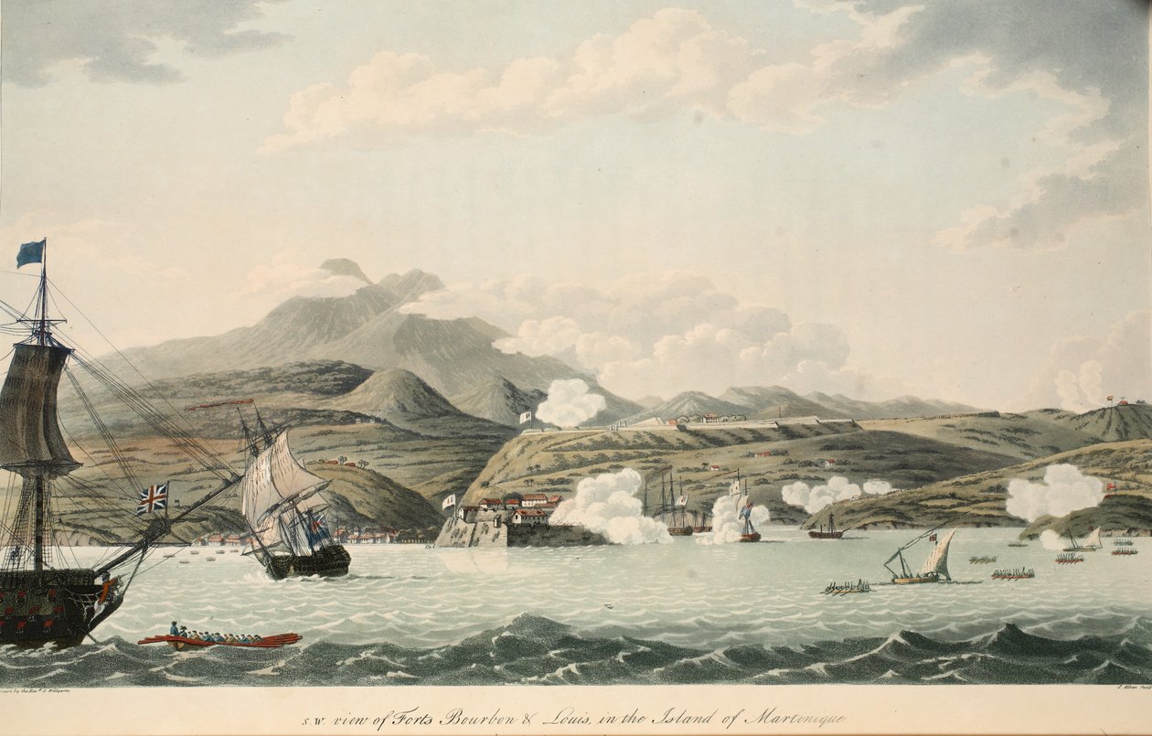 S.W. näkymä Forts Bourbonista ja Louisista Martiniquen saarella, kuvitus pastori Cooper Williamsin julkaisusta "An Account of the Campaign in the West Indies", S. Allenin litografia, pub. Lontoo 1796 (n tekijältä Cooper Willyams