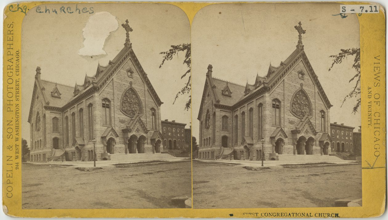 Chicagon ensimmäisen seurakunnan kirkon stereografiikka, n. 1870 (bw-kuva korttitelineessä) tekijältä Copelin and Hine Copelin and Hine