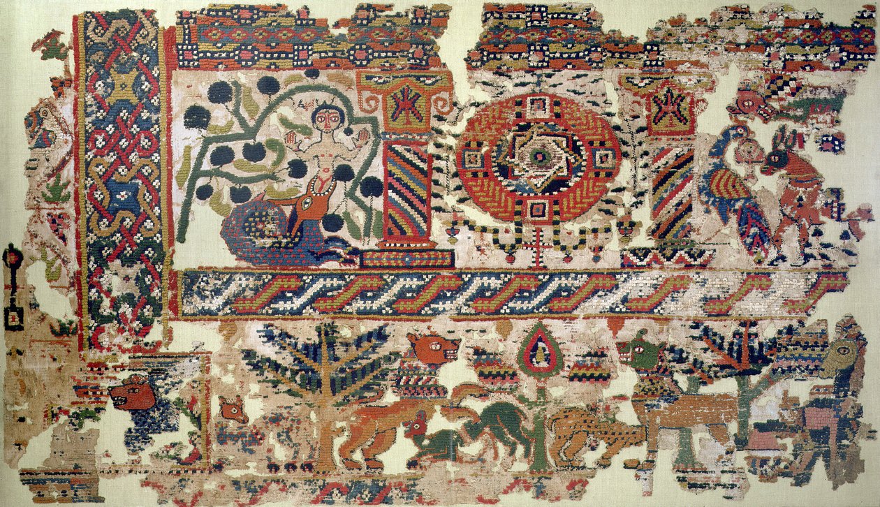 Tekstiilifragmentti, joka kuvaa Jonaa ja valasta, pellava- ja villayksityiskohta 105613 tekijältä Coptic