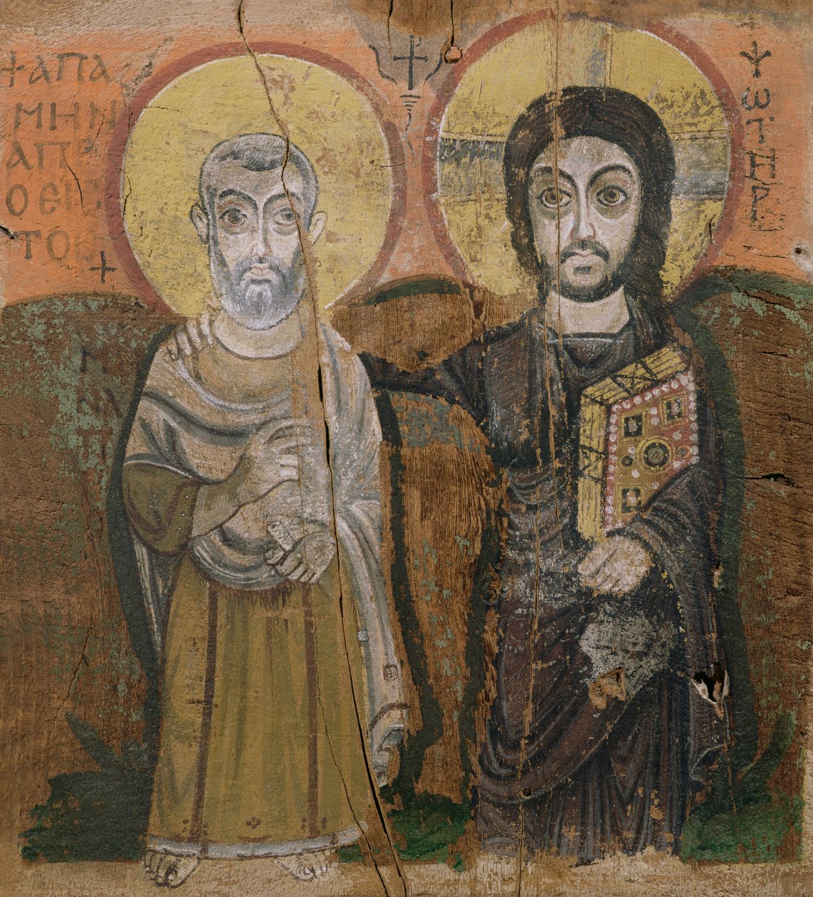 Ikoni, joka kuvaa Abbott Menaa Kristuksen kanssa, Baouitista 6.-7. vuosisadalta (tempera paneelissa) tekijältä Coptic