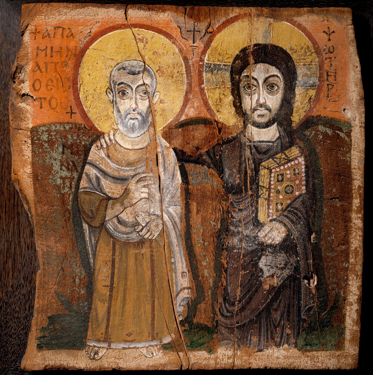 Koptilainen taide: "" Kristus ja Abbe Mena"" Saint Menas (Minas, Mina, Mena, Mennas), 3. vuosisadan egyptiläinen marttyyri. Maalifragmentti puulle (detrempe viikunapuulla) 6. tai 7. vuosisadalta Mitat: 57x57cm. Baouit-sivustolta Egyptistä. - Koptilainen ta tekijältä Coptic