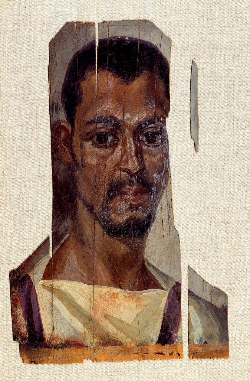 Miesmuumion muotokuva. 3. vuosisata, roomalainen aika (muinainen Egypti) (30 eKr.-395 jKr.) Fayoumin alueelta (Fayum). Aurinko 0,41x0,14 m Pariisi, musee du Louvre tekijältä Coptic