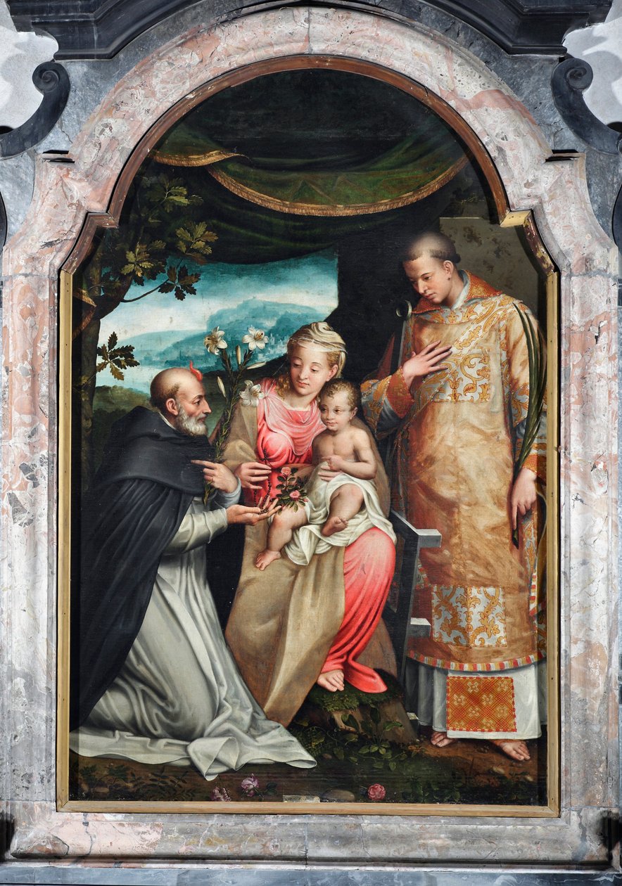 Neitsyt ja lapsi Saint Vincent Ferrierin (1350-1419) ja Saint Vincent Zaragozalaisen (4. vuosisata) välillä (Neitsyt lapsen kanssa Vincent Zaragozalaisen ja Vincent Ferrerin kanssa) Coriolano Malagavazzon maalaus (1500-luku) 1595 Elatellanin kappeli, basil tekijältä Coriolano Malagavazzo