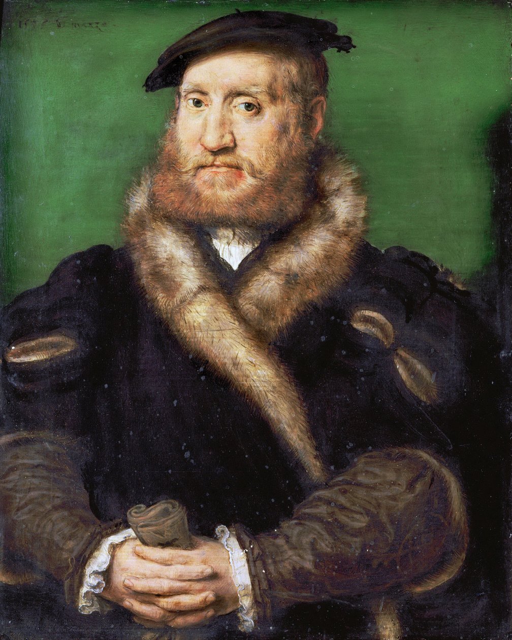Renessanssi : Muotokuva parrakkaasta miehestä, jolla on turkki, Corneille de Lyon (1500/10-1575) tekijältä Corneille de Lyon
