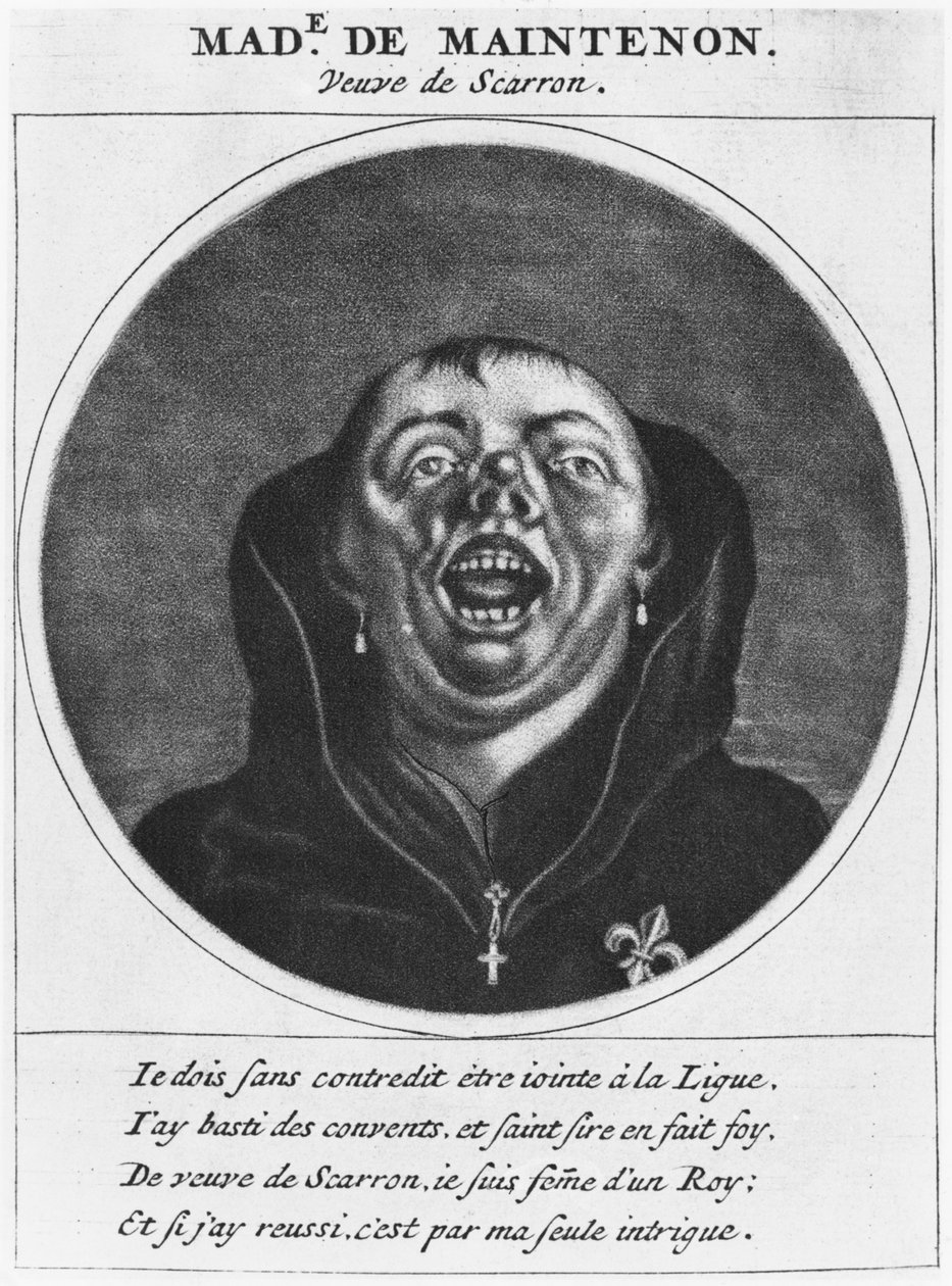 Madame de Maintenonin protestanttinen karikatyyri, kuvitus teoksesta "Les Heros de La Ligue ou La Procession monacale, conduite par Louis XIV, pour la conversion des protestants de son royaume", Pariisi, Che. tekijältä Cornelis and Gole, Jacob Dusart