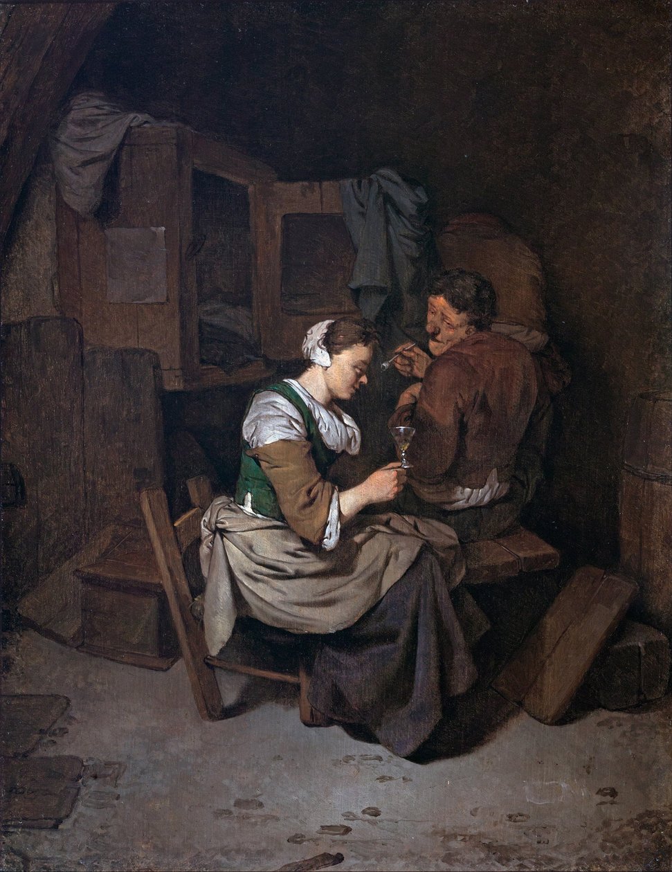 Nainen viinilasilla ja kaksi miespuolista talonpoikaa tekijältä Cornelis Pietersz Bega