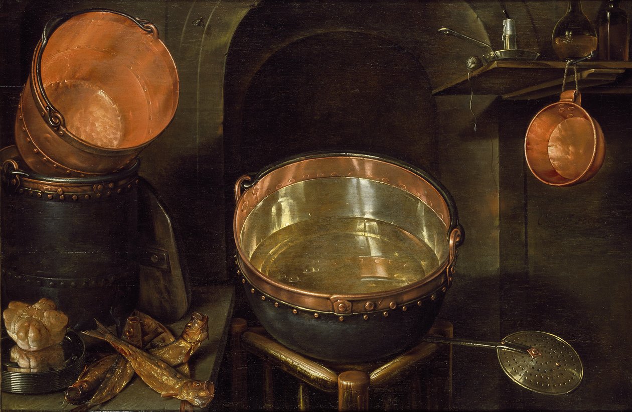 Keittiötarvikkeiden asetelma, 1600-luku tekijältä Cornelis Jacobsz
