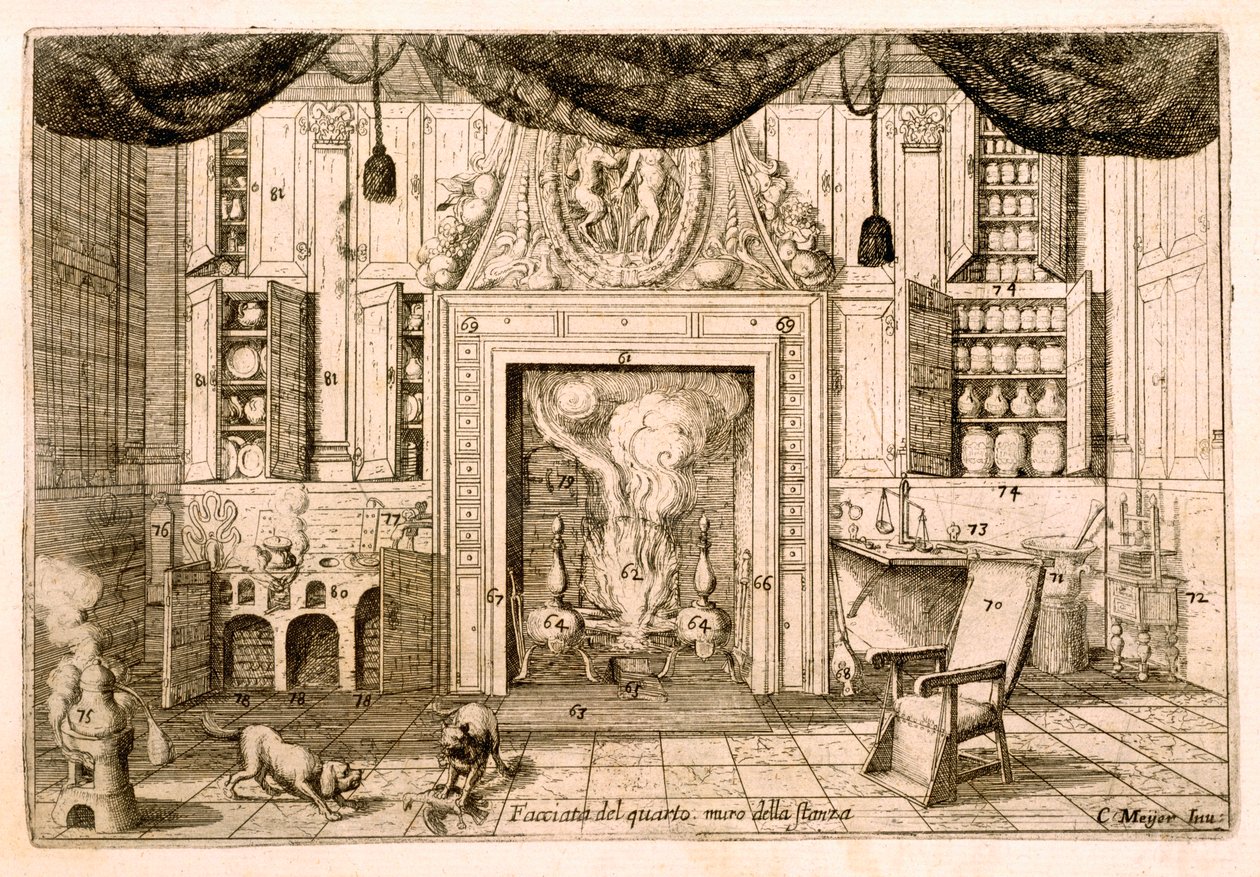 Sisustus, Sali Cornelio Meyerin "Uudet löydöt" 1696, etsaus tekijältä Cornelis Jansz. Meyer